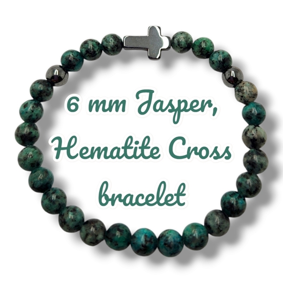 6 mm Jasper , Hematite Cross charm bracelet - Picture 1 of 4